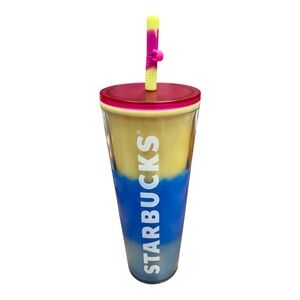 Starbucks 2023 Yellow-to-Blue Ombre Tumbler with Pink Lid and Multicolor Straw